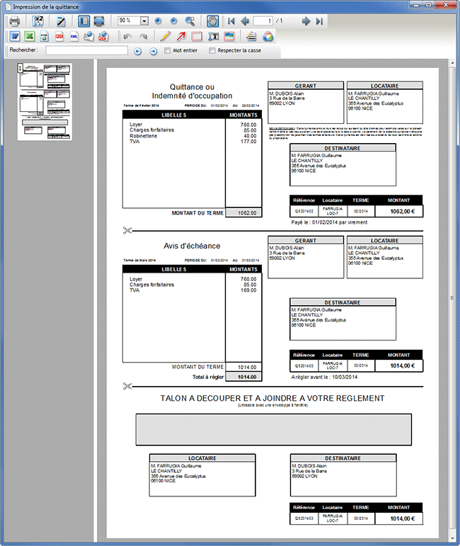 Edition de la quittance et de l'avis d'échéance