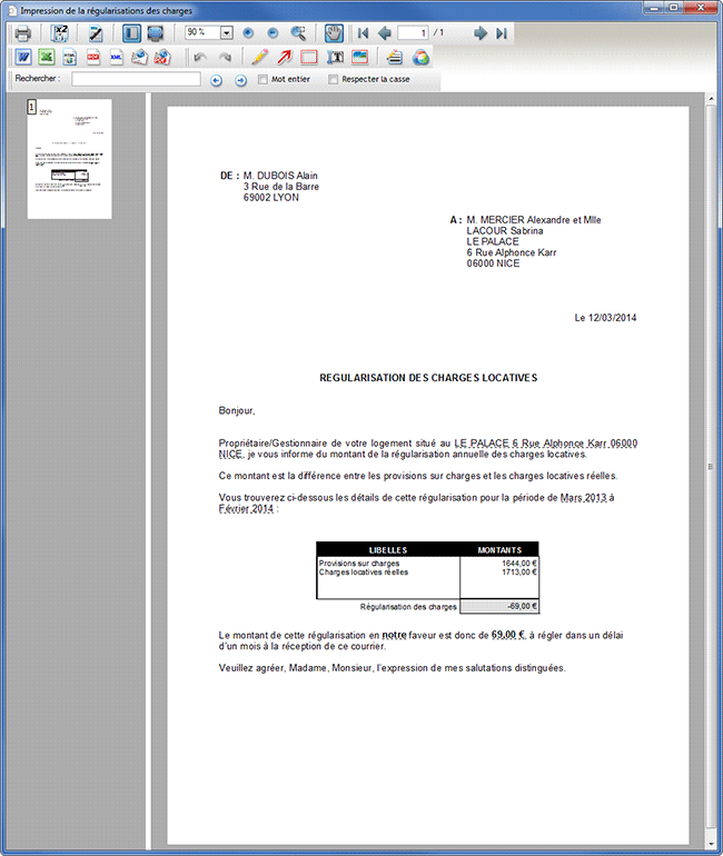 Edition de la régularisation des charges