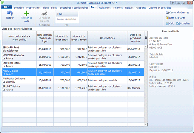 Liste des baux révisables